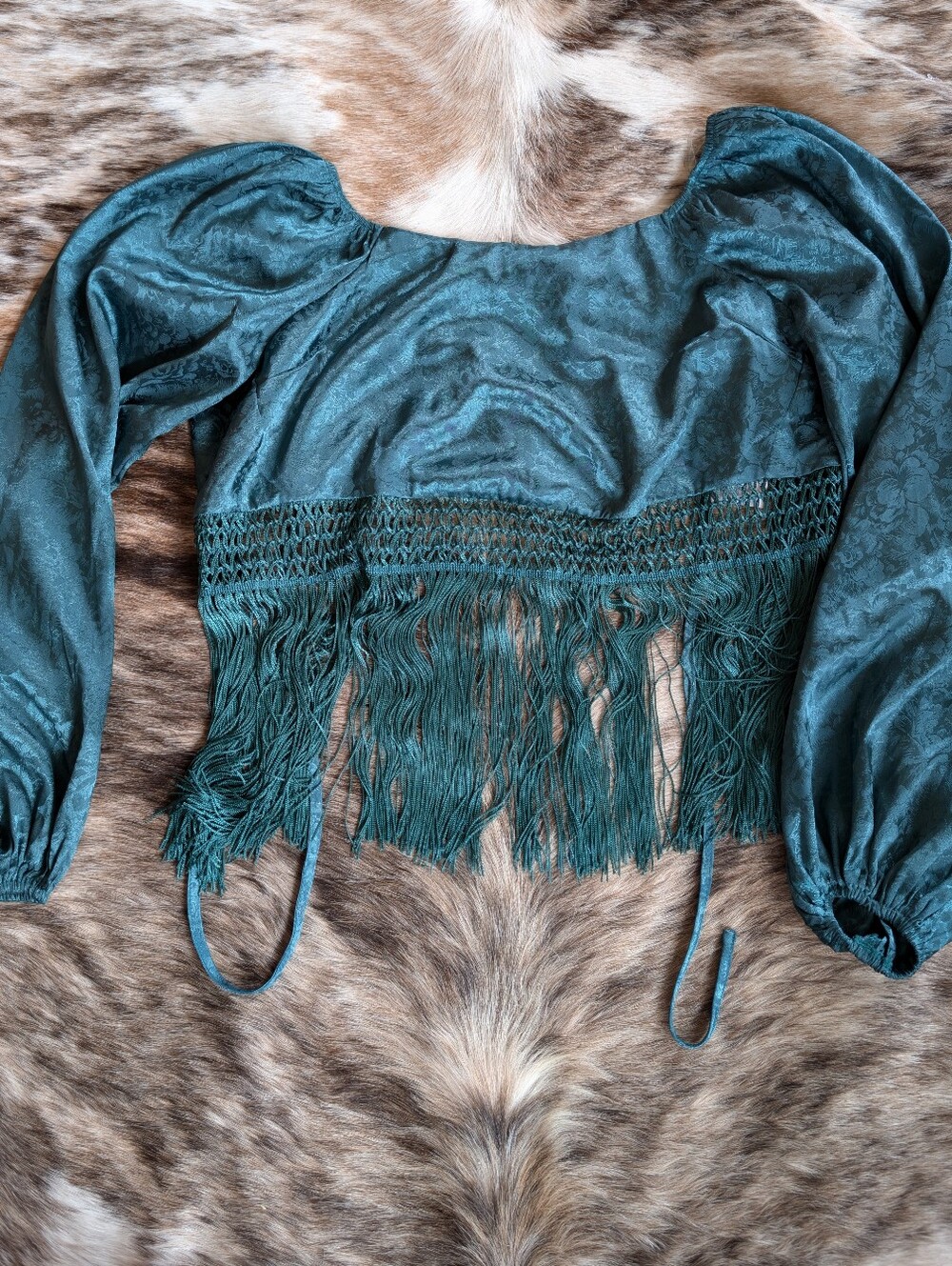 Willow+Root Teal Fringe Puff-Sleeve Crop Top